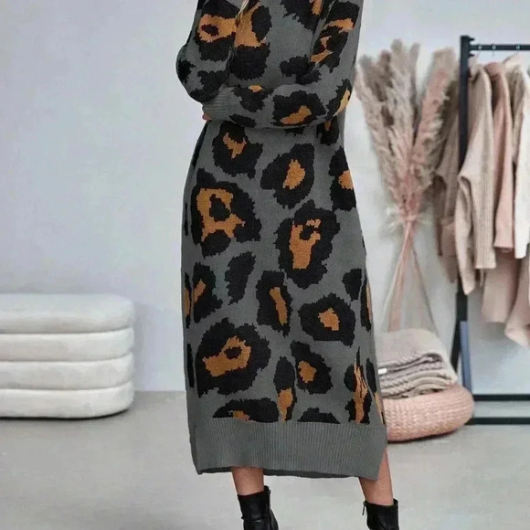 Multicolor Casual Women's Leopard Print Turtleneck Sweater Dress - Picture 3 of 6